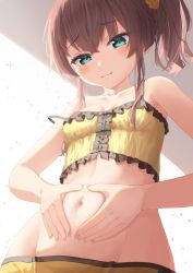 Rule 34 | 1girl, :3, absurdres, bare arms, bare shoulders, blue eyes, blush, breasts, brown hair, closed mouth, crop top, frilled shirt, frills, hands on own stomach, highres, hololive, long hair, looking down, natsuiro matsuri, natsuiro matsuri (matsuri&#039;s day off), navel, shirt, side ponytail, sidelocks, small breasts, solo, starkamisan, stomach, strap slip, upper body, virtual youtuber, yellow shirt