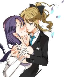 Rule 34 | 10s, 2girls, ayase eli, blonde hair, blue eyes, blush, bow, breasts, dress, eye contact, formal, gloves, green eyes, hair bow, hand on another&#039;s chin, imminent kiss, interlocked fingers, long hair, looking at another, love live!, love live! school idol project, multiple girls, necktie, ponytail, purple hair, sofy, suit, sweatdrop, tojo nozomi, white dress, white gloves, yuri