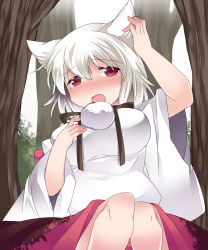 Rule 34 | 1girl, blush, breasts, commentary request, hammer (sunset beach), hand on own ear, hand on own ear, inubashiri momiji, large breasts, no headwear, open mouth, pom pom (clothes), red eyes, short hair, skirt, solo, touhou, tree, white hair, wide sleeves