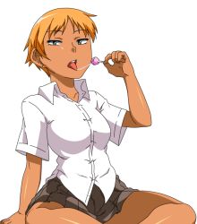 Rule 34 | 1girl, candy, lollipop, original, pleated skirt, saliva, saliva trail, short sleeves, skirt, tongue, tsukudani (coke-buta)