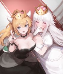 Rule 34 | 2girls, armlet, bare shoulders, black collar, black dress, black nails, blonde hair, blue eyes, blush, bowsette, bracelet, collar, crown, dress, earrings, frilled dress, frills, gloves, highres, horns, jewelry, long hair, luigi&#039;s mansion, mario (series), multiple girls, nail polish, new super mario bros. u deluxe, nintendo, open mouth, pink eyes, pointing, pointing up, ponytail, princess king boo, puffy short sleeves, puffy sleeves, red carpet, seorang, sharp teeth, short sleeves, spiked armlet, spiked bracelet, spiked collar, spiked shell, spikes, strapless, strapless dress, super crown, teeth, turtle shell, white dress, white gloves, white hair