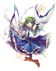 Rule 34 | 1girl, arm up, bad id, bad pixiv id, blush, boots, detached sleeves, english text, frog hair ornament, full body, gohei, green eyes, green hair, hair ornament, hair tubes, japanese clothes, jumping, kochiya sanae, long hair, long sleeves, looking at viewer, matching hair/eyes, miko, oonusa, open mouth, shirt, simple background, skirt, smile, snake hair ornament, solo, sparkle, star (symbol), text focus, touhou, twitter username, upskirt, white background, wide sleeves, yuli (yulipo)