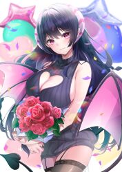 Rule 34 | 1girl, absurdres, bare shoulders, black hair, black sweater, black thighhighs, blush, bouquet, braid, breasts, cleavage, cleavage cutout, clothing cutout, cowboy shot, demon girl, demon tail, demon wings, dress, flower, garter straps, halterneck, heart cutout, highres, holding, holding bouquet, horns, indie virtual youtuber, lace, lace-trimmed legwear, lace-trimmed thighhighs, lace trim, large breasts, long hair, meme attire, mika uni, official alternate costume, official art, pink eyes, real succubus hina, ribbed sweater, single braid, sleeveless, sleeveless sweater, solo, sweater, sweater dress, tail, thighhighs, turtleneck, turtleneck sweater, very long hair, virgin killer sweater, virtual youtuber, wings