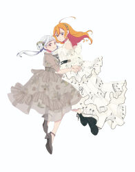 Rule 34 | 2girls, ahoge, arashi chisato, beamed eighth notes, beamed sixteenth notes, black footwear, boots, bracelet, breasts, brown eyes, flats, floating, floating hair, floral print, flower, grey footwear, hair bun, hair flower, hair ornament, highres, holding hands, jewelry, km, long hair, looking at viewer, love live!, love live! superstar!!, multiple girls, musical note, musical note print, orange hair, parted lips, purple eyes, rose, sharp sign, sheet music, shibuya kanon, sidelocks, simple background, small breasts, smile, sunflower print, treble clef, white background, white hair