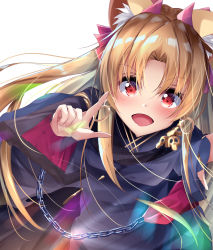 Rule 34 | 1girl, animal ears, blonde hair, cape, chain, commentary request, earrings, ereshkigal (fate), ereshkigal (third ascension) (fate), fate/grand order, fate (series), gold trim, highres, hoop earrings, jewelry, long hair, looking at viewer, necklace, open mouth, parted bangs, red eyes, red ribbon, ribbon, skull necklace, solo, suisen-21