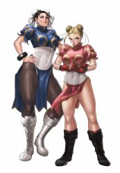 Rule 34 | 2girls, alternate color, alternate costume, alternate hairstyle, antenna hair, bare legs, black footwear, blonde hair, blue dress, blue eyes, boots, bracelet, braid, breasts, brown eyes, brown hair, brown legwear, bun cover, cammy white, capcom, china dress, chinese clothes, chun-li, chun-li (cosplay), commentary request, cosplay, cross-laced footwear, double bun, dress, earrings, facial scar, fingerless gloves, full body, gauntlets, gloves, hair bun, hair ornament, hair ribbon, highres, jewelry, knee boots, long hair, multiple girls, padded gloves, pantyhose, pelvic curtain, pink dress, potemkinbuster, puffy short sleeves, puffy sleeves, red gloves, red legwear, ribbon, sash, scar, scar on cheek, scar on face, short sleeves, simple background, spiked bracelet, spikes, standing, street fighter, thick thighs, thighs, white background, white footwear