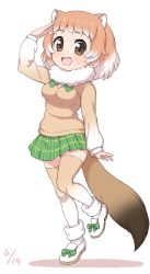 Rule 34 | 1girl, :d, animal ears, black-tailed prairie dog (kemono friends), brown eyes, dated, footwear bow, full body, fur collar, gradient hair, gradient legwear, green skirt, hand up, highres, kemono friends, light brown hair, long sleeves, looking at viewer, medium hair, multicolored clothes, multicolored hair, multicolored legwear, open mouth, plaid, plaid skirt, pleated skirt, ransusan, salute, shoes, simple background, skirt, smile, solo, tail, thighhighs, white background, white hair, zettai ryouiki