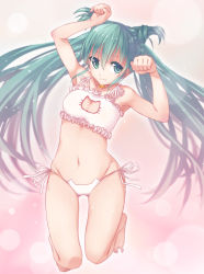 Rule 34 | 1girl, 2mota, aqua eyes, aqua hair, bell, neck bell, breasts, cat cutout, cat ear panties, cat lingerie, choker, cleavage, cleavage cutout, clothing cutout, hatsune miku, highres, jingle bell, long hair, meme attire, navel, panties, paw pose, side-tie panties, small breasts, solo, thigh gap, twintails, underwear, vocaloid, white panties