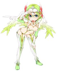 Rule 34 | 1girl, breasts, breasts apart, feathered wings, female focus, frfr, full body, garter straps, green hair, headband, highres, leaning forward, looking at viewer, navel, original, pointy ears, short hair, simple background, small breasts, solo, thighhighs, white background, wings