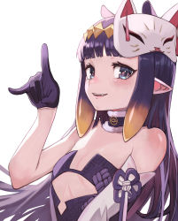 Rule 34 | 1girl, absurdres, animal ears, black dress, black gloves, black hair, blue eyes, blunt bangs, breasts, cutout above navel, detached sleeves, dress, fang, fox mask, frilled shirt collar, frills, gloves, gradient hair, headpiece, highres, hololive, hololive english, kiwwwwwi, long hair, looking at viewer, mask, mask on head, mole, mole under eye, multicolored hair, ninomae ina&#039;nis, ninomae ina&#039;nis (1st costume), orange hair, pointy ears, purple dress, purple gloves, sidelocks, simple background, single detached sleeve, small breasts, solo, strapless, strapless dress, tentacle hair, tube dress, two-tone gloves, upper body, very long hair, virtual youtuber, white background, white sleeves