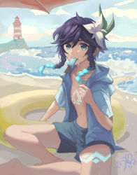 Rule 34 | 1boy, absurdres, androgynous, beach, black hair, blue hair, braid, chest tattoo, cloud, cloudy sky, collarbone, commentary request, day, flower, food, genshin impact, gradient hair, green eyes, hair flower, hair ornament, highres, hood, hood down, hoodie, ice cream, leaf, leg tattoo, looking at viewer, male focus, multicolored hair, ocean, open clothes, open mouth, outdoors, short hair with long locks, side braids, sidelocks, sky, smile, solo, tattoo, twin braids, venti (genshin impact), water, white flower, youli