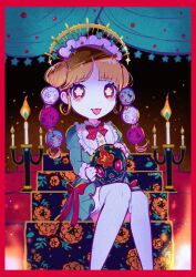 Rule 34 | 1girl, blue dress, border, bright pupils, brown eyes, brown hair, calavera, candlestand, collared dress, commentary, curtains, dia de muertos, dress, feet out of frame, fire, floral print, grey thighhighs, hair ornament, highres, holding, holding skull, juliet sleeves, kiato, long hair, long sleeves, looking at viewer, original, parted bangs, puffy sleeves, red border, sidelocks, sitting, skull, skull hair ornament, smile, solo, star-shaped pupils, star (symbol), symbol-only commentary, symbol-shaped pupils, thighhighs, tongue, tongue out, white pupils