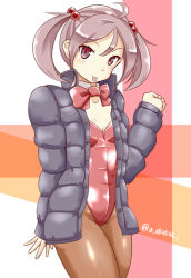 Rule 34 | 1girl, akai akasaki, alternate costume, animal, animal on head, bow, bowtie, brown pantyhose, coat, cowboy shot, detached collar, grey jacket, hair bobbles, hair ornament, jacket, kantai collection, leotard, looking at viewer, on head, open mouth, pantyhose, pink eyes, pink hair, playboy bunny, rabbit, rabbit on head, red bow, red bowtie, red leotard, sazanami (kancolle), short hair, smile, solo, standing, strapless, strapless leotard, twintails, twitter username, winter clothes, winter coat