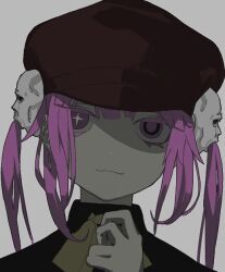 Rule 34 | 1girl, :3, atkm2, bow, bowtie, brown hat, closed mouth, hat, looking at viewer, mismatched pupils, original, pink eyes, pink hair, portrait, simple background, smile, solo, twintails, white background