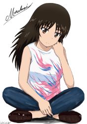 Rule 34 | 10s, 1girl, artist name, black eyes, black footwear, black hair, blue pants, bukkuri, character name, closed mouth, commentary request, cursive, dated, denim, frown, full body, girls und panzer, hand on own face, hand on own leg, head rest, indian style, jeans, long hair, looking at viewer, multicolored shirt, murakami (girls und panzer), pants, shirt, shoes, signature, simple background, sitting, sleeveless, sleeveless shirt, solo, white background, white shirt