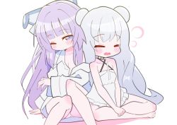Rule 34 | 2girls, aly (eshikidori), azur lane, bare arms, bare legs, blush, bottomless, breasts, chibi, choker, cleavage, closed eyes, collarbone, collared shirt, commentary request, convenient leg, criss-cross halter, double bun, dress, hair bun, halterneck, indian style, knees together feet apart, le malin (azur lane), le malin (sleepy sunday) (azur lane), multiple girls, off shoulder, purple hair, shirt, sitting, sleeveless, sleeveless dress, small breasts, sundress, tashkent (azur lane), tashkent (the blue snoozer) (azur lane), unbuttoned, white dress, white hair, white shirt