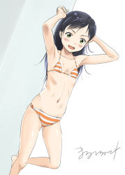 Rule 34 | 1girl, armpits, arms up, barefoot, bikini, black hair, blush, flat chest, green eyes, long hair, malcorond, navel, open mouth, original, simple background, sketch, smile, solo, striped bikini, striped clothes, swimsuit, white background