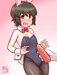 Rule 34 | 1girl, animal ears, artist logo, bare shoulders, black leotard, blush, bow, bowtie, brown eyes, brown hair, brown pantyhose, carrot, covered navel, detached collar, embarrassed, fake animal ears, gradient background, kanon (kurogane knights), kantai collection, leotard, miyuki (kancolle), one-hour drawing challenge, open mouth, pantyhose, pink background, playboy bunny, rabbit ears, rabbit tail, sexually suggestive, short hair, strapless, strapless leotard, tail, traditional bowtie, wrist cuffs