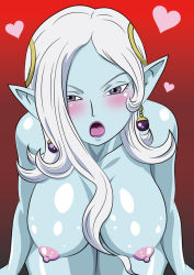 Rule 34 | 1girl, artist request, blush, breasts, dragon ball, dragon ball xenoverse, dragonball z, female focus, hanging breasts, large breasts, long hair, looking at viewer, nipples, nude, open mouth, purple eyes, solo, source request, towa (dragon ball), white hair