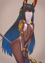 Rule 34 | 1girl, animal ears, armlet, between legs, black hair, breasts, cowboy shot, dark-skinned female, dark skin, gold, grey eyes, hair between eyes, hamushima, long hair, looking at viewer, mouth veil, original, revealing clothes, simple background, small breasts, solo, staff riding, veil, very long hair
