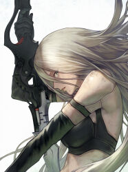 Rule 34 | 1girl, absurdres, black gloves, crop top, elbow gloves, from side, gloves, grey hair, highres, holding, holding sword, holding weapon, joints, long hair, looking at viewer, mole, mole under mouth, nier (series), nier:automata, open mouth, robot joints, simple background, sword, weapon, yasu (segawahiroyasu), a2 (nier:automata)