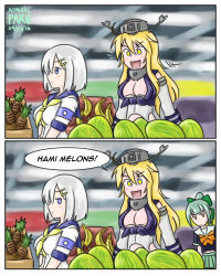 Rule 34 | 10s, 3girls, admiral paru, banana, blonde hair, blue eyes, blush, breasts, cleavage, comic, commentary, empty eyes, food, fruit, green hair, hamakaze (kancolle), iowa (kancolle), kantai collection, multiple girls, navel, open mouth, pineapple, silver hair, star-shaped pupils, star (symbol), sweatdrop, symbol-shaped pupils, watermelon, yuubari (kancolle)