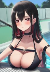 Rule 34 | 1girl, absurdres, amane sora, arm strap, armpits, black choker, black hair, blush, breasts, chest strap, choker, cleavage, colored inner hair, earrings, hair between eyes, highres, jewelry, large breasts, long hair, looking at viewer, multicolored hair, original, parted lips, pool, poolside, red eyes, red hair, solo, swimsuit