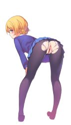 Rule 34 | 10s, 1girl, anus, ass, bent over, blonde hair, blue eyes, blush, braid, clitoris, darjeeling (girls und panzer), from behind, girls und panzer, looking at viewer, looking back, nightmaremk2, no panties, pantyhose, pussy, school uniform, shiny clothes, simple background, skirt, solo, solo focus, third-party edit, torn clothes, torn pantyhose, uncensored, white background