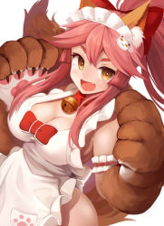 Rule 34 | 1girl, :d, animal ear fluff, animal ears, animal hands, apron, arm garter, bell, breasts, cat hair ornament, cleavage, collar, commentary request, fang, fate/grand order, fate (series), fox ears, fox tail, hair ornament, looking at viewer, maid headdress, medium breasts, naked apron, neck bell, open mouth, pink hair, simple background, smile, solo, tail, tamamo (fate), tamamo cat (fate), tamamo cat (third ascension) (fate), tenneko yuuri, white background, yellow eyes