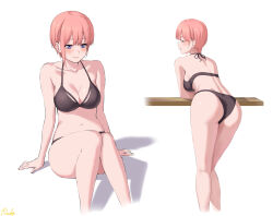 Rule 34 | 1girl, absurdres, arm support, ass, bikini, black bikini, blush, breasts, cleavage, closed eyes, closed mouth, collarbone, commentary, cropped legs, earrings, from behind, go-toubun no hanayome, halterneck, highres, jewelry, knees up, medium breasts, multiple views, nakano ichika, navel, parted lips, pink hair, purple eyes, ricky (haye4843), short hair, sidelocks, signature, simple background, sitting, smile, stud earrings, swimsuit, white background