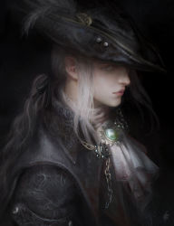 Rule 34 | 1girl, black background, black headwear, bloodborne, blue eyes, hat, hat feather, highres, jewelry, lady maria of the astral clocktower, lips, ponytail, portrait, solo focus, white hair