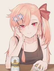 Rule 34 | 1girl, alternate costume, beer can, braid, can, commentary, drink can, girls&#039; frontline, hair ornament, hair ribbon, hairpin, hand on own cheek, hand on own face, highres, jingo, looking at viewer, negev (girls&#039; frontline), pink hair, pov across table, red eyes, ribbon, smile, table, tank top