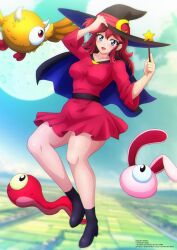 Rule 34 | 1girl, absurdres, animal, black cape, black footwear, black headwear, blue eyes, blush, boots, breasts, cape, cloud, collarbone, creature, crescent, crescent hat ornament, dress, floating, hat, hat ornament, highres, holding, long hair, long sleeves, looking at viewer, medium breasts, moon, open mouth, rabbit, red dress, red hair, sky, smile, snake, sofia the witch, sofia the witch: curse of the monster moon, star (symbol), wand, witch, witch hat, zel-sama