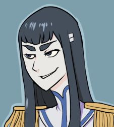 Rule 34 | 10s, 1girl, animated, animated gif, black hair, blue background, blue eyes, epaulettes, eyebrows, female focus, grin, hair ornament, hairclip, kill la kill, kiryuuin satsuki, long hair, out of character, raised eyebrows, smile, solo, thick eyebrows, trunchbull