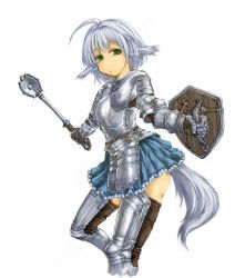 Rule 34 | 1girl, ahoge, animal ears, armor, armored dress, cervus, gauntlets, green eyes, highres, mace, no nose, original, shield, short hair, silver hair, simple background, solo, tail, weapon