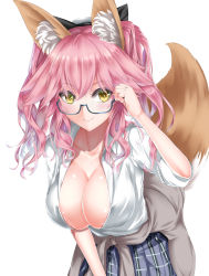 Rule 34 | 1girl, absurdres, animal ear fluff, animal ears, blush, breasts, cleavage, clothes around waist, fate/grand order, fate (series), fox ears, fox tail, glasses, highres, jacket, jacket around waist, kamehito, large breasts, long hair, looking at viewer, official alternate costume, pink hair, school uniform, semi-rimless eyewear, shirt, skirt, smile, solo, tail, tamamo (fate), tamamo no mae (fate/extra), tamamo no mae (jk) (fate), twintails, unbuttoned, yellow eyes
