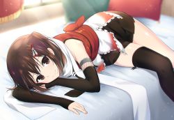 Rule 34 | 1girl, bed, black gloves, black necktie, black skirt, black thighhighs, brown eyes, brown hair, elbow gloves, fingerless gloves, gloves, ica, kantai collection, necktie, pleated skirt, scarf, school uniform, sendai (kancolle), sendai kai ni (kancolle), serafuku, short hair, single thighhigh, skirt, smile, solo, thighhighs, two side up, white scarf