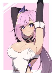 Rule 34 | 1girl, armpits, arms up, bare shoulders, black gloves, blue eyes, breasts, bright pupils, cleavage, elbow gloves, elysia (honkai impact), elysia (miss pink elf) (honkai impact), gloves, hair ornament, highres, honkai (series), honkai impact 3rd, large breasts, long hair, looking at viewer, low ponytail, pink hair, shirt, sideless outfit, sleeveless, sleeveless shirt, solo, strapless, strapless shirt, stretching, ugwa, upper body, white shirt