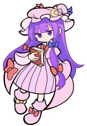 Rule 34 | 1girl, blunt bangs, book, bow, closed mouth, crescent, crescent hat ornament, dress, footwear bow, full body, hair bow, hat, hat ornament, holding, holding book, long hair, looking at viewer, mob cap, patchouli knowledge, pink dress, pink footwear, pink hat, purple eyes, purple hair, puyopuyo, red bow, shinmon akika, simple background, solo, striped clothes, striped dress, touhou, vertical-striped clothes, vertical-striped dress, white background, yellow bow