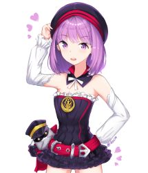 Rule 34 | 1girl, arm up, bare shoulders, belt, belt buckle, beret, black collar, black dress, black hat, blush, buckle, collar, detached collar, detached sleeves, dress, fate/grand order, fate (series), hand on headwear, hand on own hip, hat, heart, helena blavatsky (fate), long sleeves, looking at viewer, open mouth, peaked cap, puffy long sleeves, puffy sleeves, purple eyes, purple hair, red belt, rocm (nkkf3785), salute, sefirot, simple background, solo, strapless, strapless dress, teeth, twitter username, upper teeth only, white background