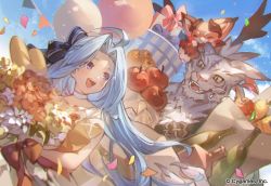 Rule 34 | 1girl, 2others, :d, ahoge, apple, blue eyes, blue hair, bottle, bouquet, box, character request, choker, confetti, copyright notice, cygames, dragon, fangs, flower, food, fruit, gift, gift box, granblue fantasy, hair ribbon, highres, holding, holding bouquet, long hair, looking at another, lyria (granblue fantasy), multiple others, official art, open mouth, ribbon, smile, tiger, vyrn (granblue fantasy), white choker, world flipper