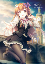 Rule 34 | 1girl, :d, black pantyhose, black skirt, black vest, blue sky, blush, bow, breasts, bridge, brown eyes, brown footwear, center frills, cloud, cloudy sky, collared shirt, day, elizabeth tower, english text, fingernails, frilled shirt collar, frills, hair between eyes, hair bow, hand up, holding, holding magnifying glass, light brown hair, long hair, magnifying glass, medium breasts, open mouth, original, outdoors, pantyhose, pleated skirt, purple bow, shirt, shoes, skirt, sky, smile, solo, standing, standing on one leg, very long hair, vest, white shirt, yuurei yashiki