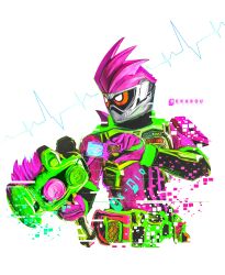Rule 34 | 1boy, absurdres, armor, bodysuit, gamer driver, green armor, hammer, highres, holding, holding hammer, kamen rider, kamen rider ex-aid, kamen rider ex-aid (series), male focus, obakelope0530, pink bodysuit, power armor, red eyes, rider gashat, simple background, solo, upper body, white background