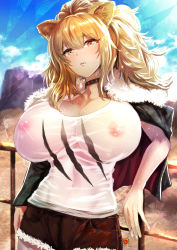Rule 34 | 1girl, abstract background, against railing, animal ears, arknights, black jacket, blonde hair, blue sky, breasts, candy, cleavage, cloud, collarbone, commentary request, covered erect nipples, covered navel, cowboy shot, cutoffs, day, food, fur-trimmed jacket, fur-trimmed shorts, fur trim, hair between eyes, head tilt, highres, holding, holding candy, holding food, holding lollipop, huge breasts, jacket, jacket on shoulders, against railing, leather, leather jacket, lion ears, lion girl, lollipop, long hair, looking at viewer, no bra, outdoors, parted lips, railing, red shorts, see-through, shirt, shorts, sidelocks, siege (arknights), sky, solo, standing, studded choker, sweat, tank top, twitter username, uenoryoma, wet, wet clothes, wet shirt, white tank top, yellow eyes