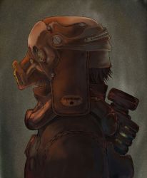 Rule 34 | androgynous, brown hair, gas mask, gender request, gradient background, mask, original, profile, shu-mai, solo, steampunk