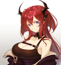 Rule 34 | 1girl, absurdres, arknights, bare shoulders, black dress, breasts, cleavage, collarbone, commentary request, detached collar, dress, gradient background, grey background, hair between eyes, highres, horns, karashino, large breasts, long hair, looking at viewer, off shoulder, purple eyes, red hair, solo, surtr (arknights), upper body, white background