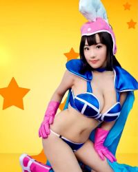 Rule 34 | 1girl, black hair, breasts, brown eyes, chi-chi (dragon ball), chi-chi (dragon ball) (cosplay), clothes, cosplay, dragon ball, elbow gloves, female focus, gloves, highres, large breasts, looking at viewer, model, pink gloves, shibuya kaho, simple background, sitting, smile, solo