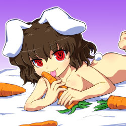 Rule 34 | 1girl, animal ears, ass, barefoot, black hair, brown hair, carrot, censored nipples, convenient censoring, female focus, foreshortening, gomi ichigo, highres, inaba tewi, licking, lying, naughty face, nude, on stomach, rabbit ears, rabbit girl, rabbit tail, red eyes, sexually suggestive, short hair, solo, tail, tongue, touhou