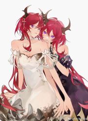 Rule 34 | 2girls, alternate costume, arknights, artist name, bare shoulders, black dress, breasts, choker, cleavage, closed mouth, collarbone, cowboy shot, dress, dual persona, hand on another&#039;s shoulder, highres, horns, latutou1, long hair, medium breasts, multiple girls, nail polish, off-shoulder dress, off shoulder, pink nails, puffy short sleeves, puffy sleeves, purple eyes, red hair, short sleeves, simple background, surtr (arknights), very long hair, weibo watermark, white background, white choker, white dress