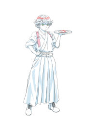 Rule 34 | 1boy, :/, boots, chamisuke, cross-laced footwear, food, hakama, hakama skirt, hand on own hip, hand up, highres, hikaru no go, holding, holding tray, japanese clothes, kimono, lace-up boots, looking at viewer, male focus, messy hair, mitani yuuki, monochrome, simple background, skirt, solo, spot color, standing, tasuki, tray, waiter, wide sleeves